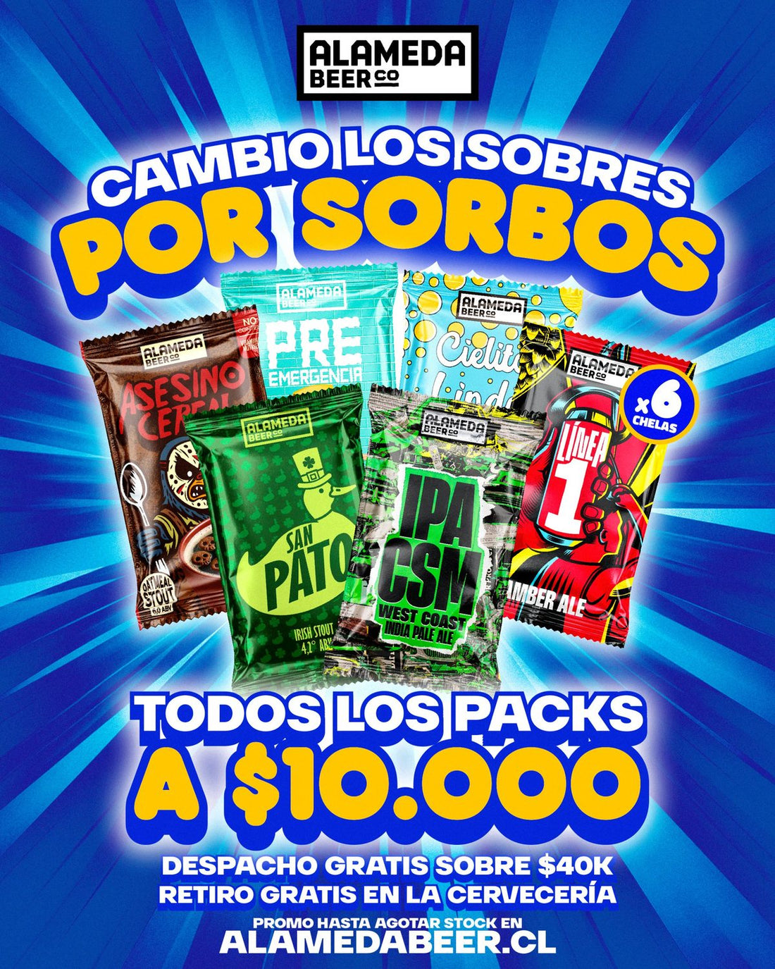Cambio los sobres por sorbos: todos los packs Alameda a $10.000